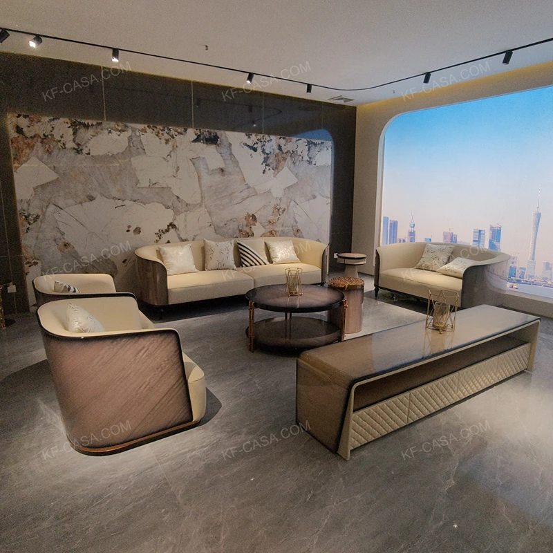 Warm Sand Leather Sofa Set with Natural Wood Veneer & Curved Silhouette